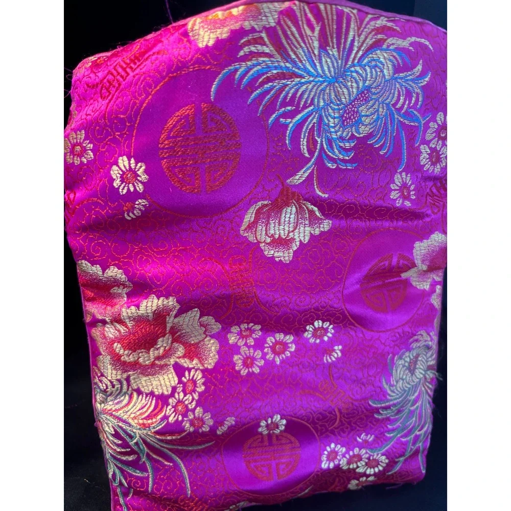 Vintage Pink Satin Floral Brocade Jewelry Roll Travel Organizer Case Zippered